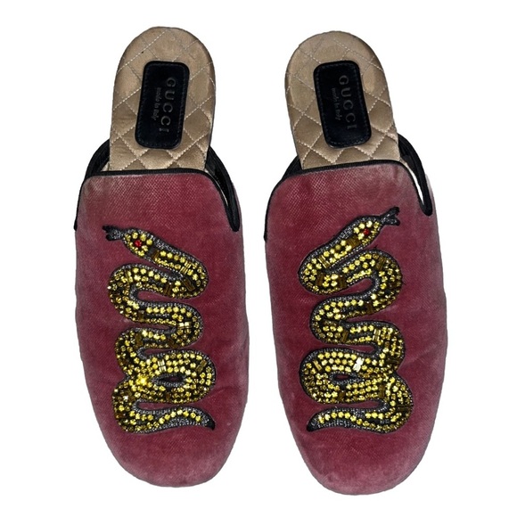 GUCCI Kingsnake Lawrence mules pink yellow size 7 velvet slippers slides snake - Picture 4 of 16